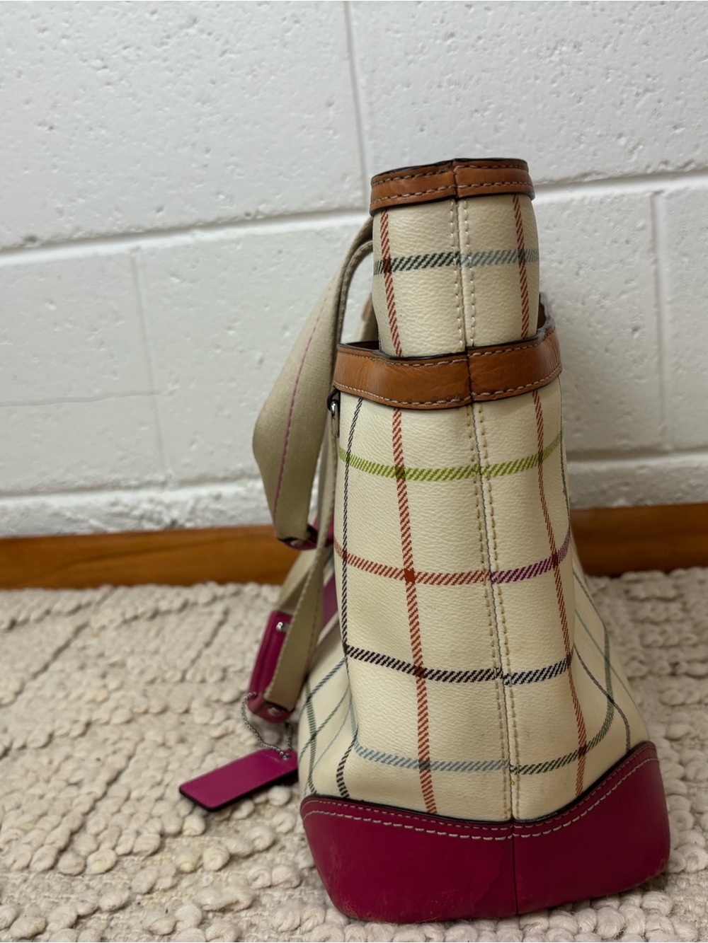 Coach Cream Plaid Canvas Tote with Pink Center Stripe and Tan Trim - Picture 4 of 14
